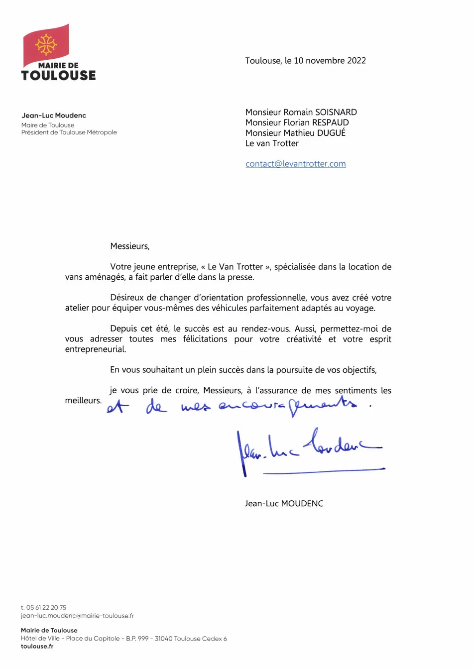 Lettre de félicitations de Jean-Luc Moudenc, maire de Toulouse, adressée au Van Trotter le 10 novembre 2022