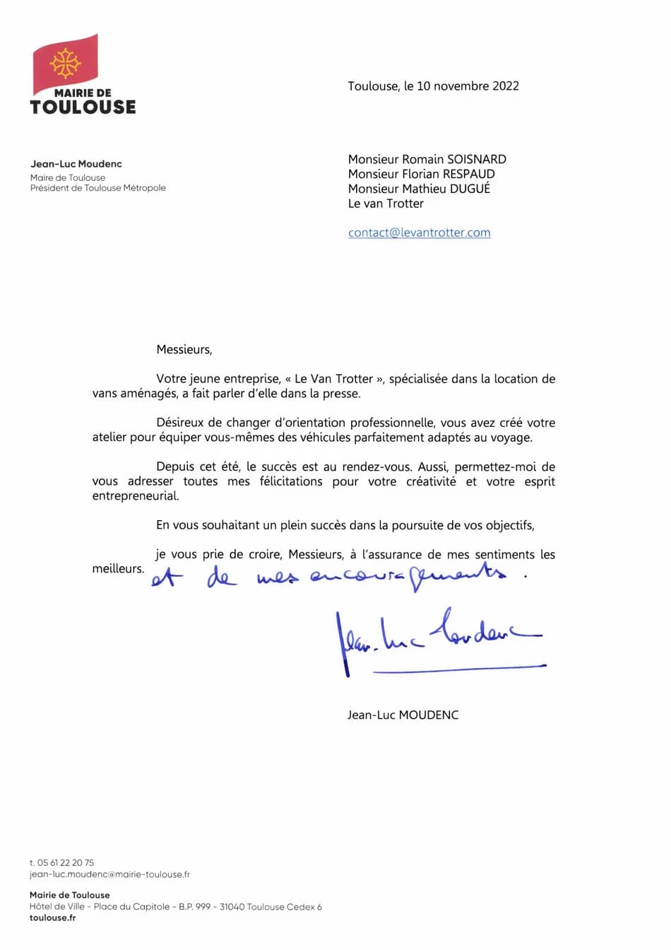 Lettre de félicitations de Jean-Luc Moudenc, maire de Toulouse, adressée au Van Trotter le 10 novembre 2022