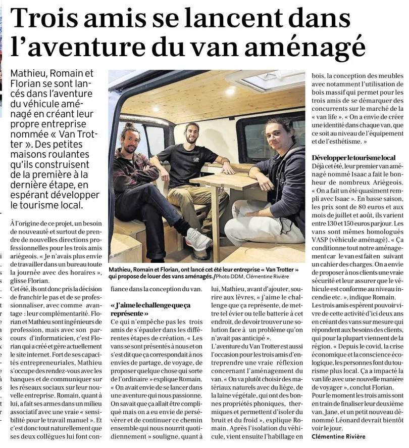 Article de La Dépêche Ariège, « Trois amis se lancent dans l'aventure du van aménagé », 21 novembre 2022