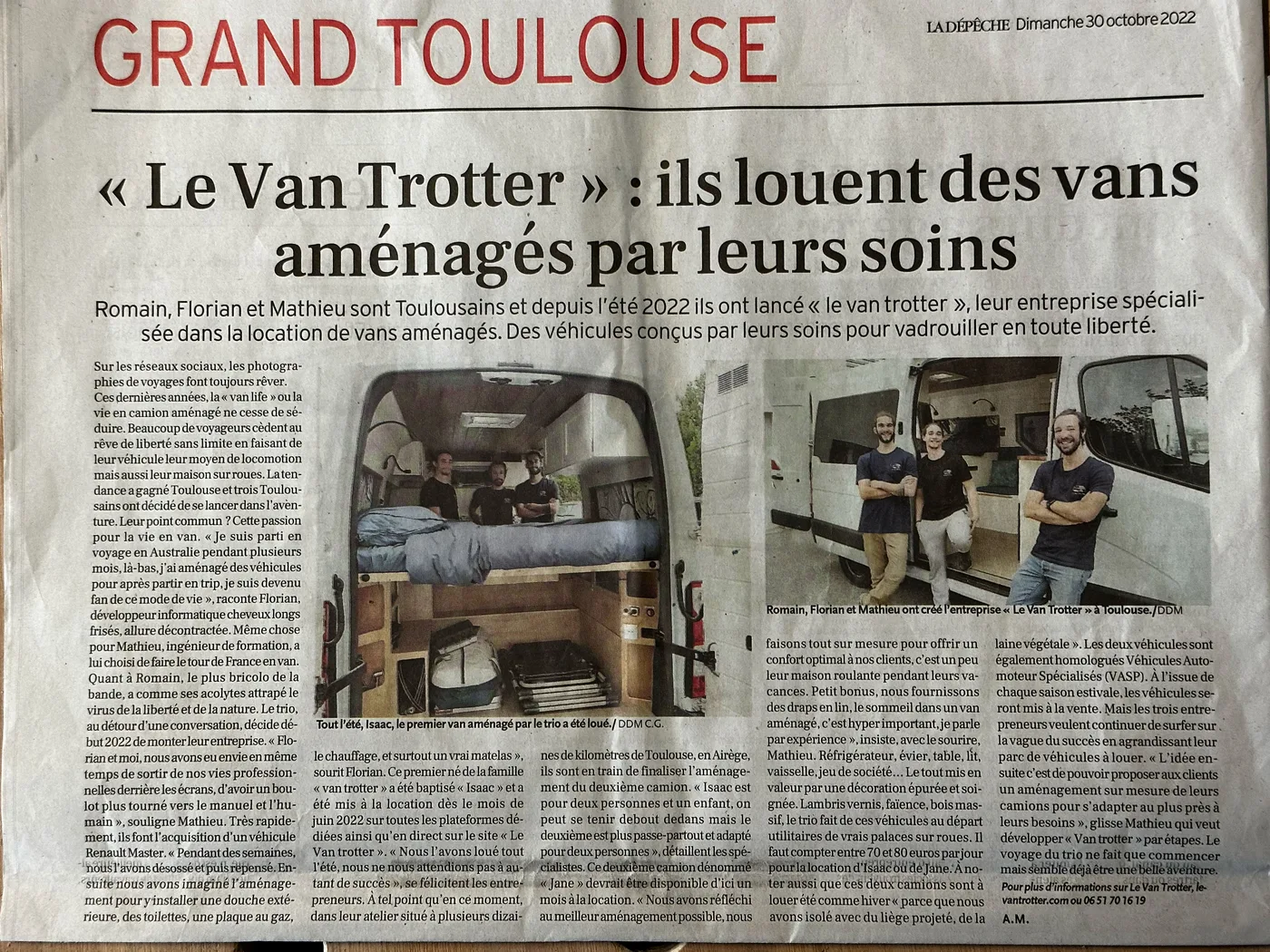 Article de La Dépêche, édition Grand Toulouse, « Le Van Trotter : ils louent des vans aménagés par leurs soins », 30 octobre 2022