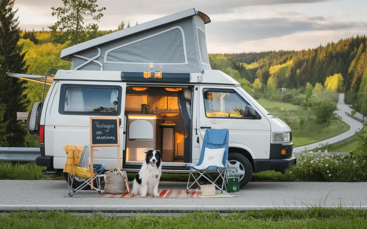 Van aménagé douillet avec un chien heureux installé à bord