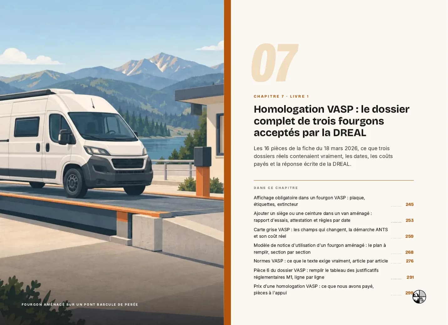 Double page d’ouverture du chapitre 7 d’« Aménager son van », Homologation VASP : un fourgon sur un pont bascule et la liste des articles du chapitre