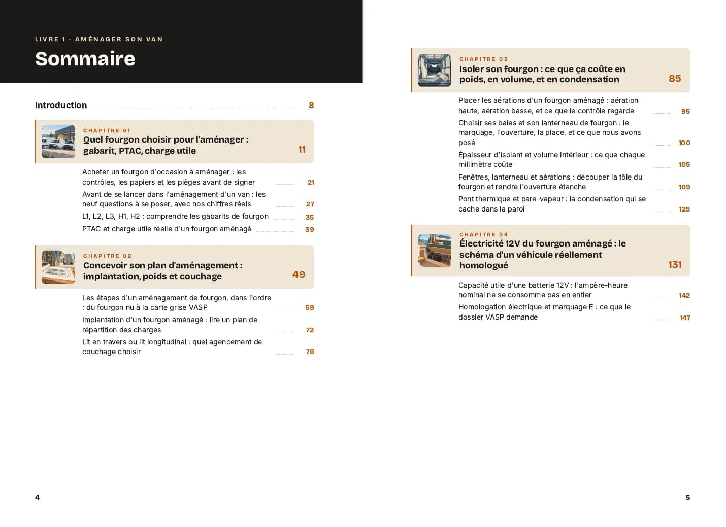 Double page du sommaire d’« Aménager son van » : chaque chapitre illustré, avec ses articles et leurs pages