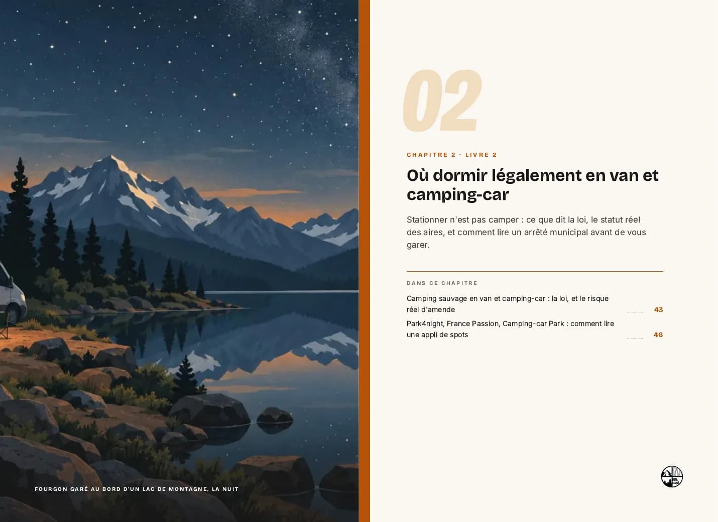 Double page d’ouverture du chapitre 2 de « Vivre en van », Où dormir légalement : un fourgon au bord d’un lac de montagne, la nuit