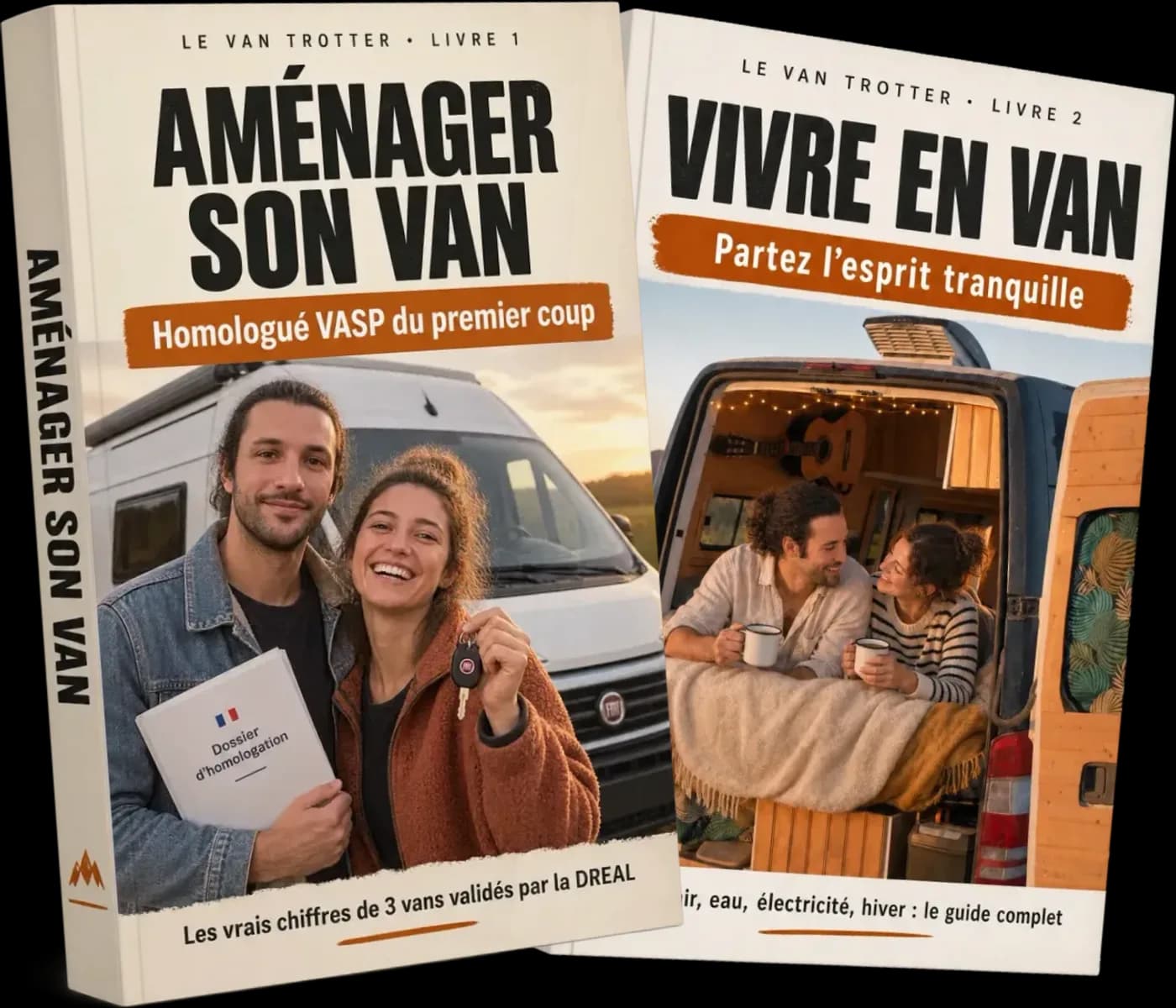 Les deux livres du Van Trotter côte à côte : « Aménager son van » devant, « Vivre en van » derrière.