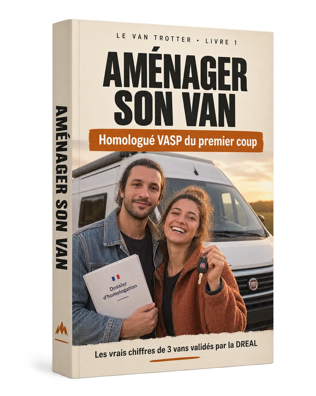Le livre « Aménager son van » : Mathieu et sa compagne devant leur fourgon aménagé, dossier d’homologation et clés en main. « Homologué VASP du premier coup ».