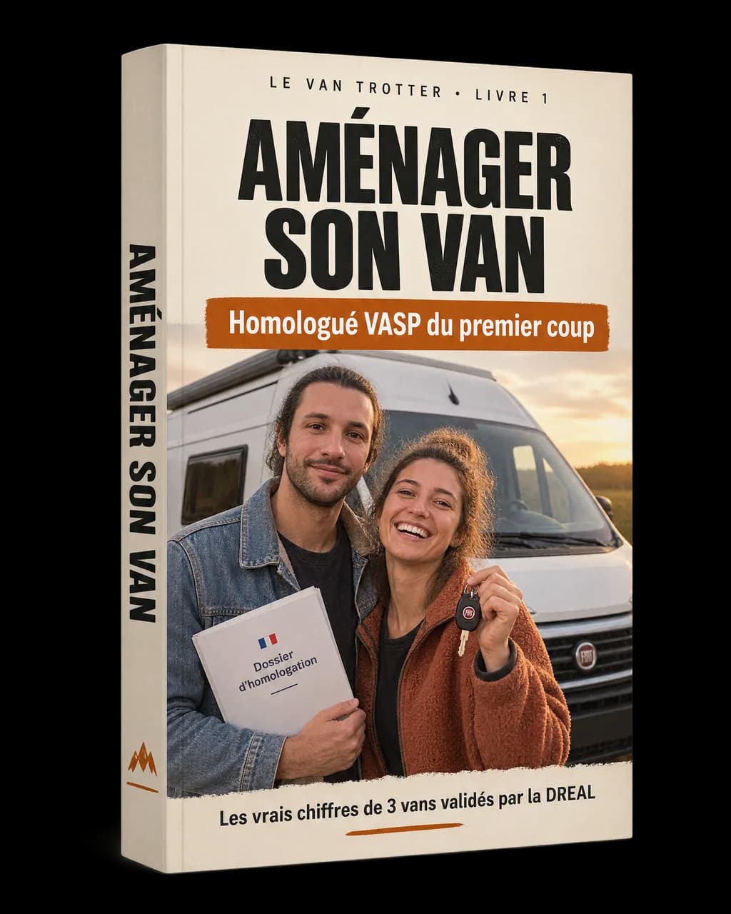 Le livre « Aménager son van » : Mathieu et sa compagne devant leur fourgon aménagé, dossier d’homologation et clés en main. « Homologué VASP du premier coup ».