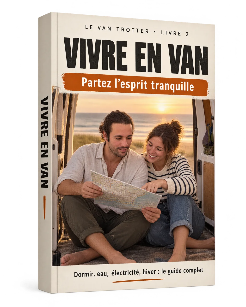 Le livre « Vivre en van » : Mathieu et sa compagne, pieds nus à l’arrière du van ouvert sur une plage, préparent leur route sur une carte. « Partez l’esprit tranquille ».