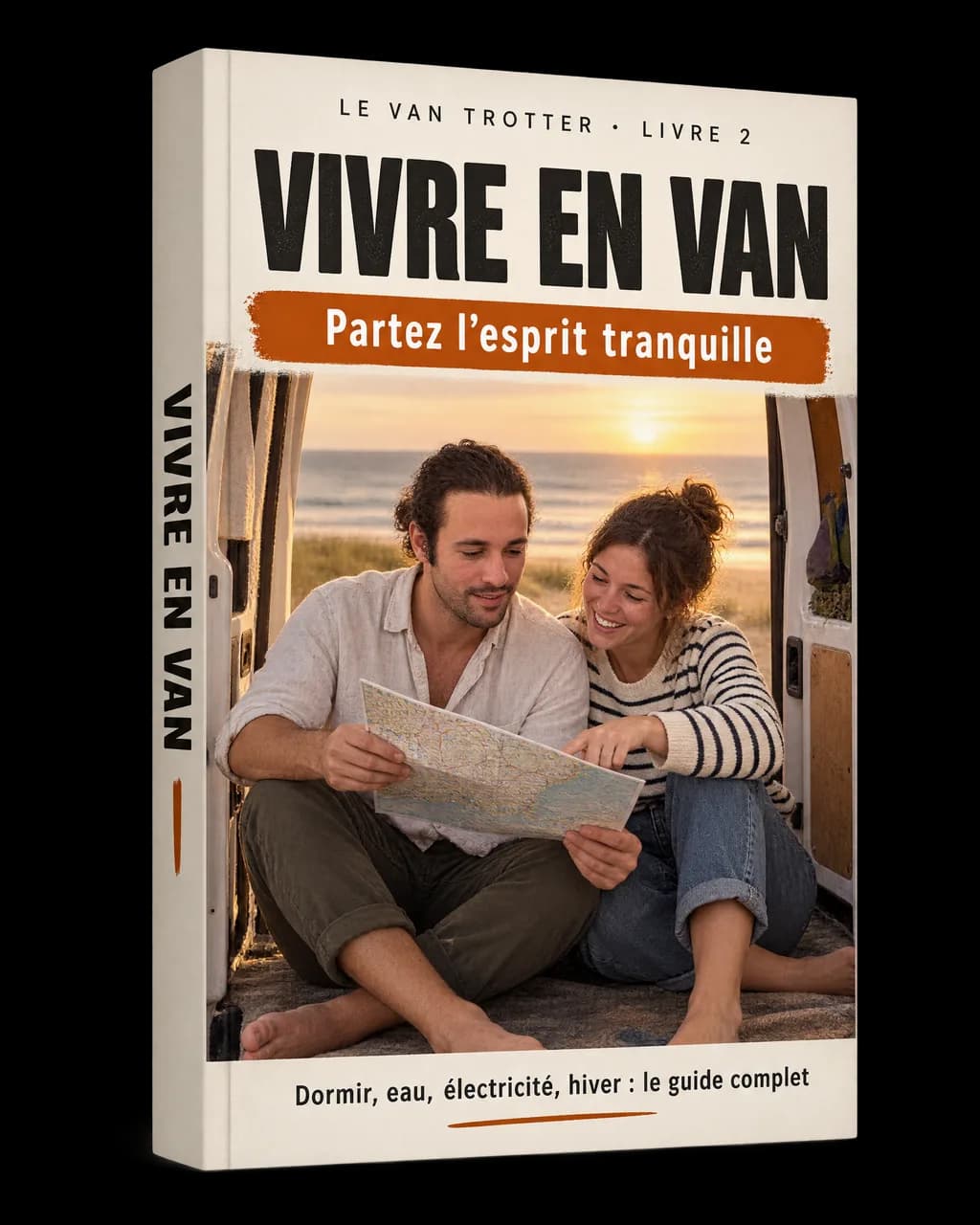 Le livre « Vivre en van » : Mathieu et sa compagne, pieds nus à l’arrière du van ouvert sur une plage, préparent leur route sur une carte. « Partez l’esprit tranquille ».