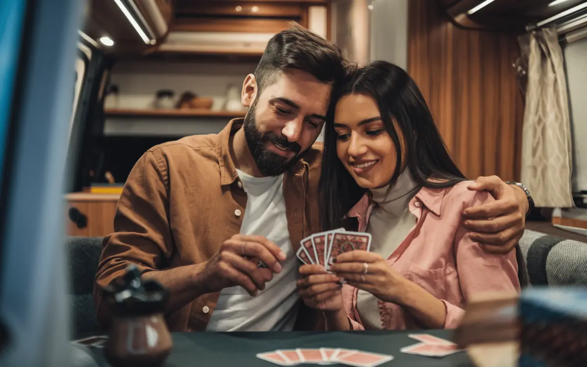 Couple jouant aux cartes à la table d’un van aménagé