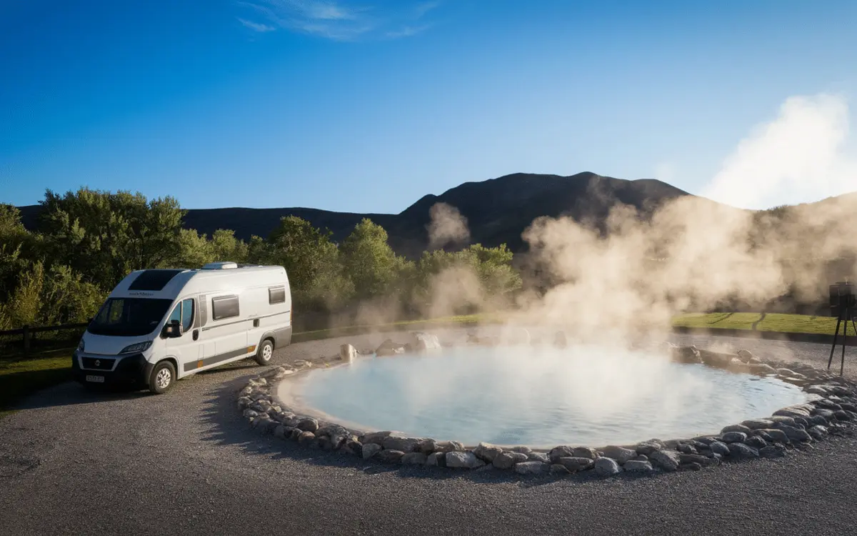 Van stationné près d’un établissement thermal dans un paysage de montagne