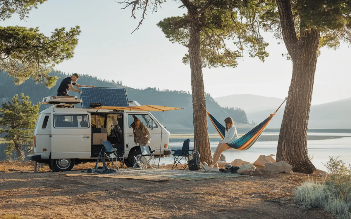 Van garé au bord d'un lac, un voyageur installe un panneau solaire sur le toit pendant qu'une autre se repose dans un hamac
