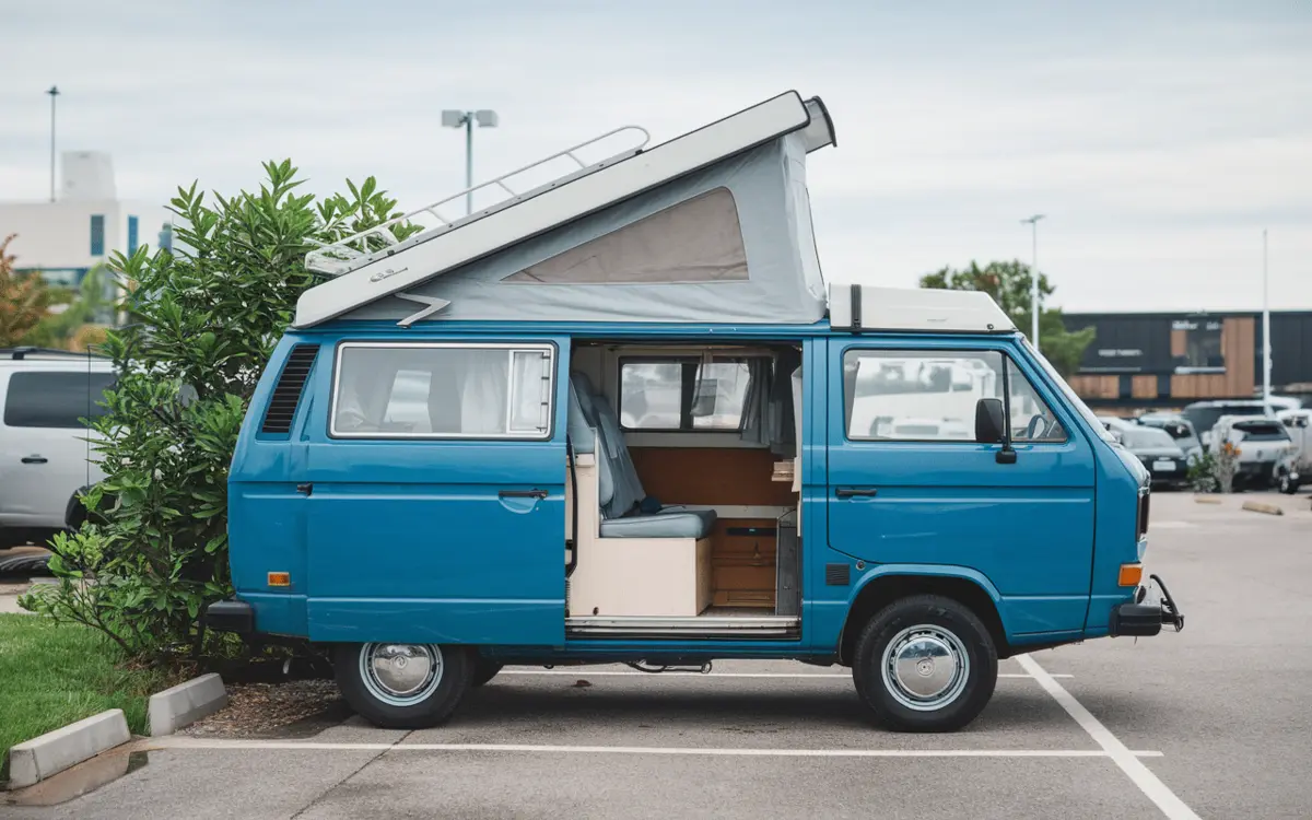 Van Volkswagen à toit relevable garé sur une place de parking en ville