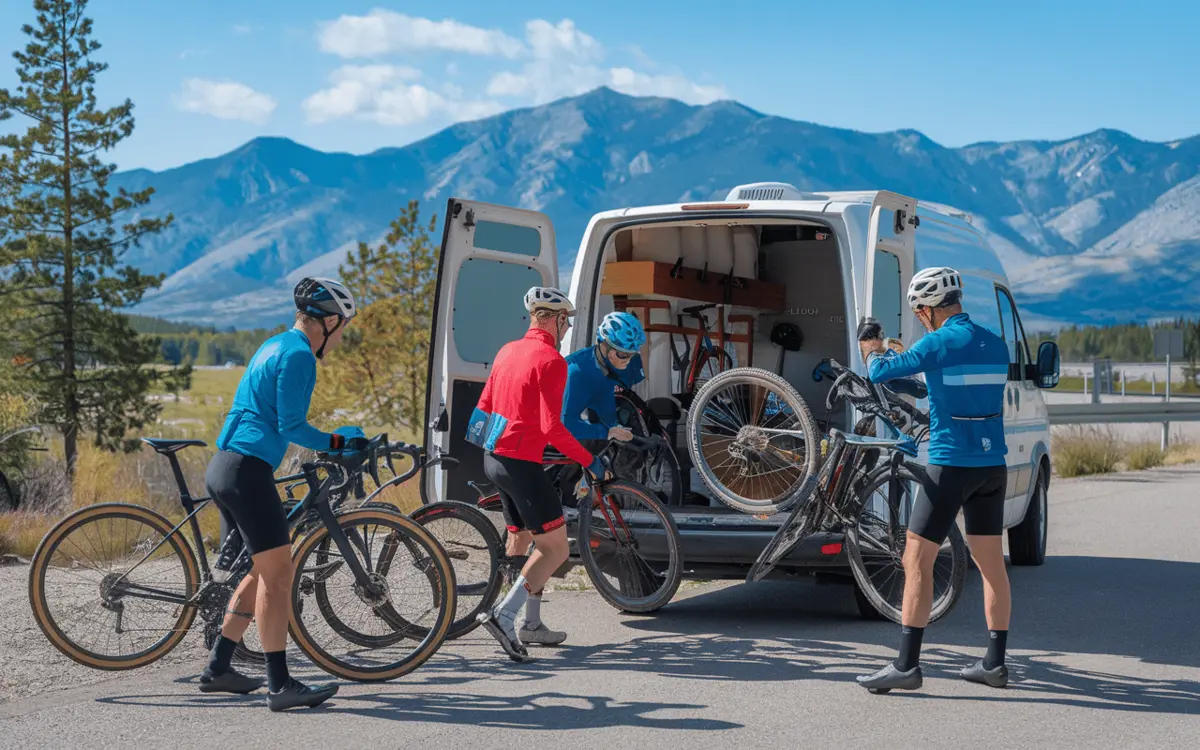 Cyclistes déchargeant leurs vélos de l’arrière d’un fourgon aménagé, au pied des montagnes