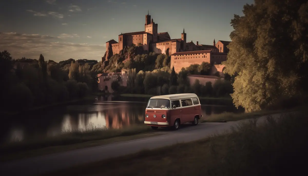 Van garé près de la ville d’Albi, illustration