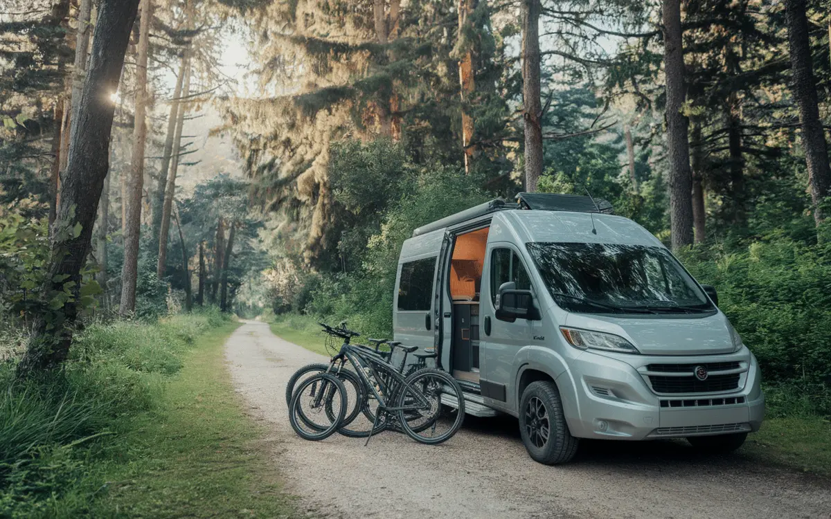 Van aménagé garé en lisière de forêt, deux vélos posés à côté