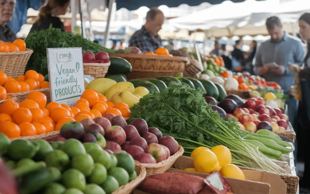 Marché local avec fruits et légumes adaptés à un mode de vie végétarien et vegan