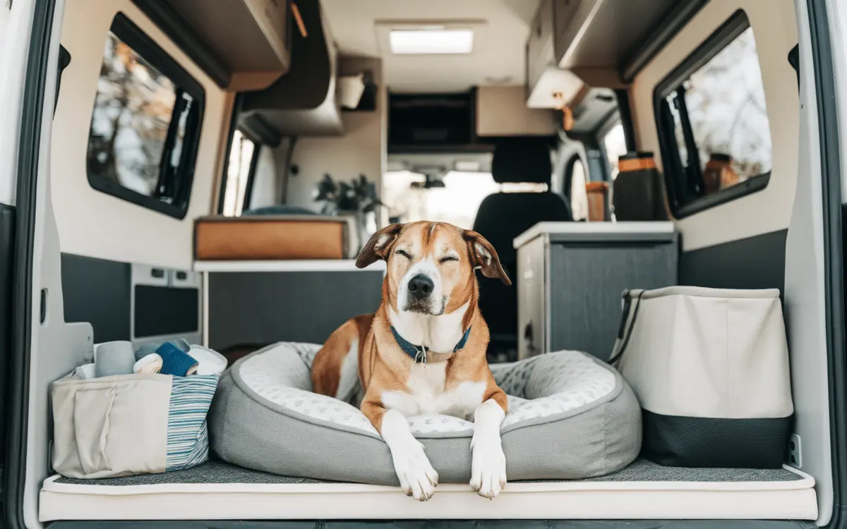 Chien détendu allongé dans un van aménagé