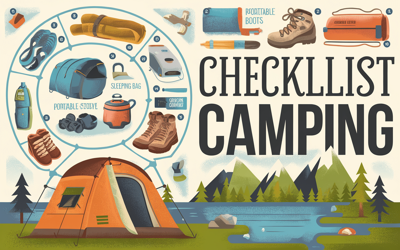 illustration de checklist camping avec matériel essentiel