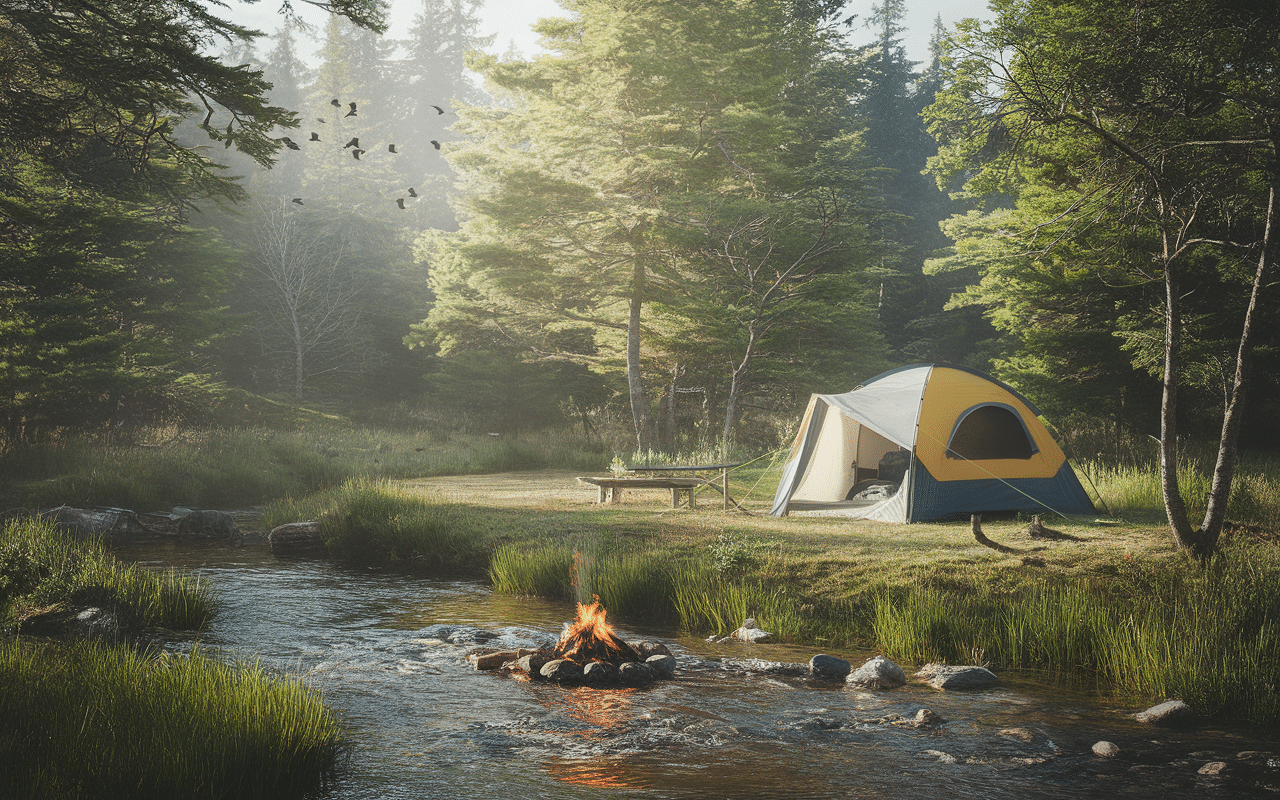 peaceful campsite near a clear stream in lush forest