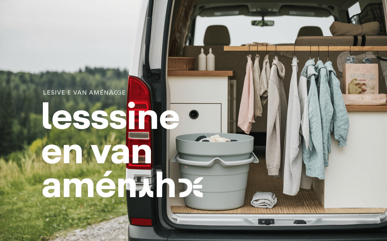 intérieur de van aménagé avec coin lessive portable