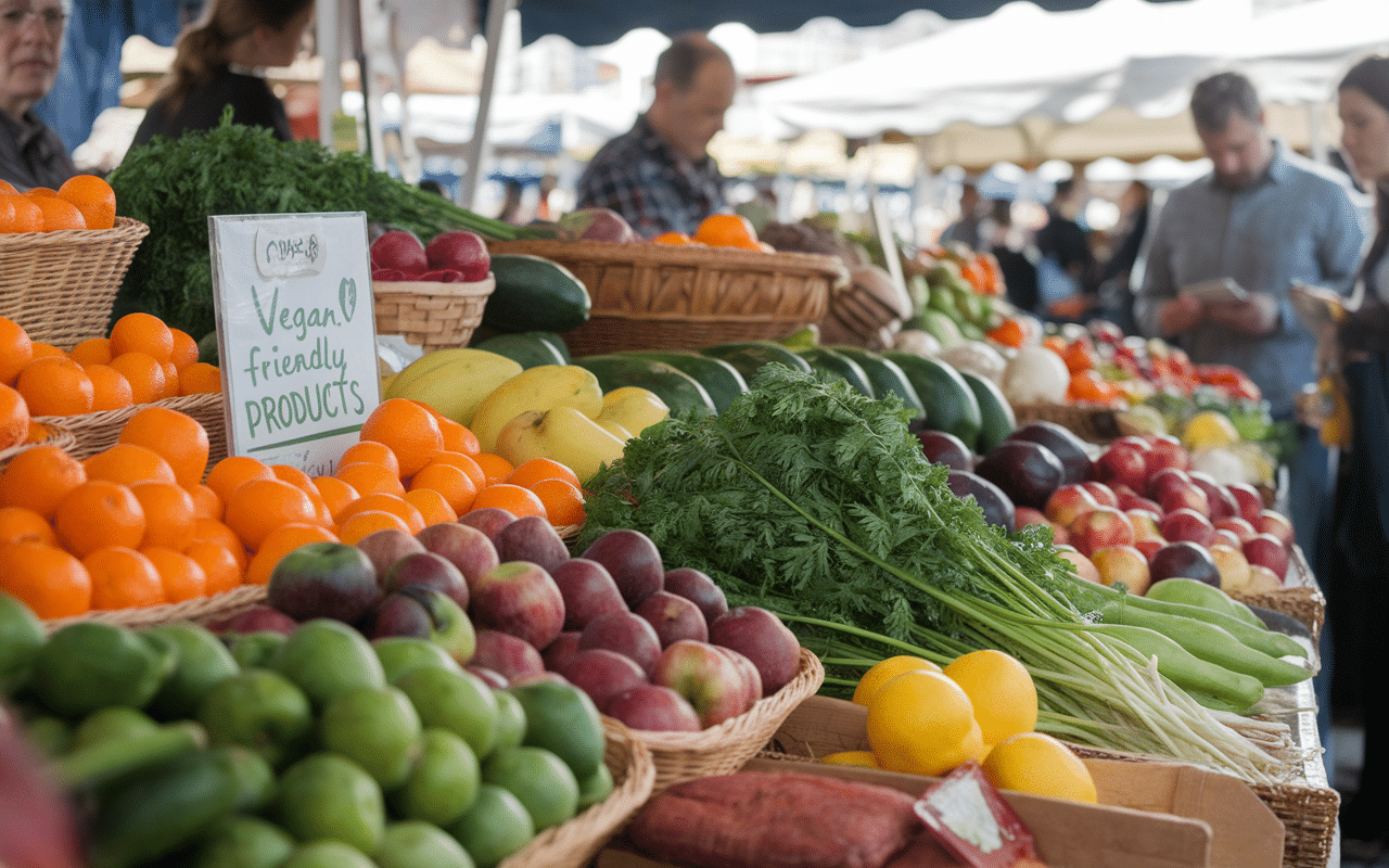 Marché local avec fruits et légumes adaptés à un mode de vie végétarien et vegan.