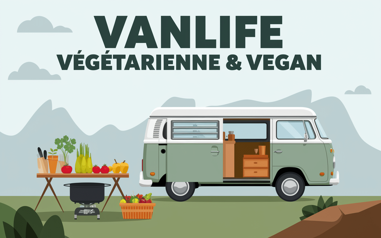 Scène de vanlife végétarienne et vegan avec van et repas en plein air.