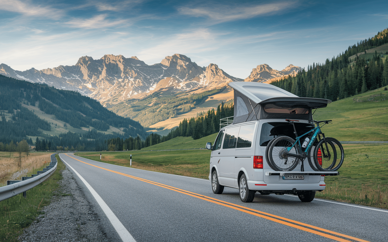 scenic road trip with bicycles mounted on a van